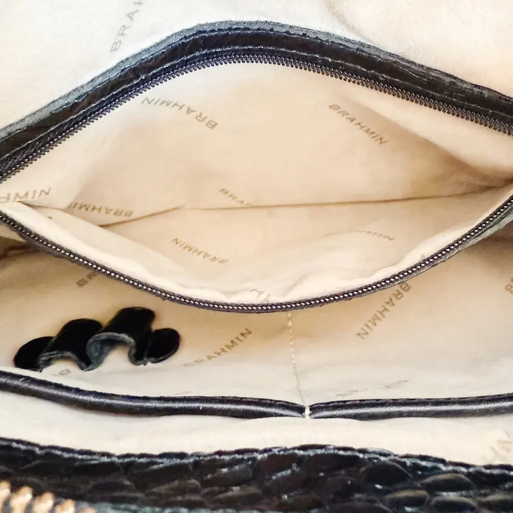 Brahmin Melbourne Black Leather Crocodile Embossed Shoulder Bag Purse Dust Bag